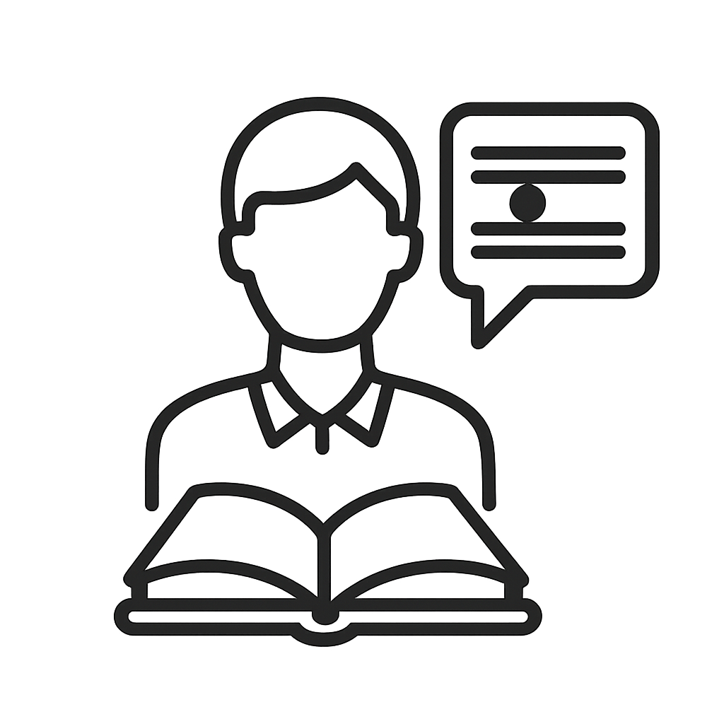 The person wearing a headset beside a text box.