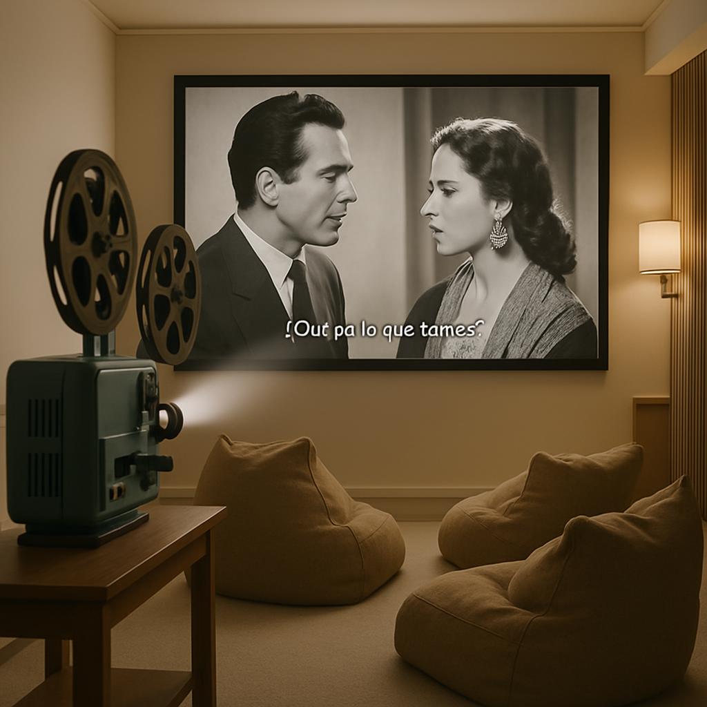 A man and woman are shown on a large screen with subtitles in Spanish that say, "Out pa lo que tames".