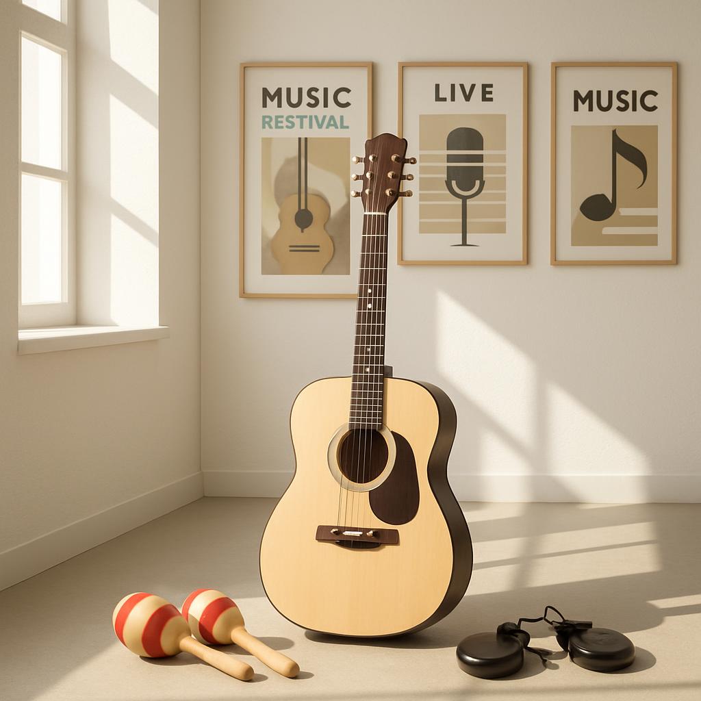 The image features a guitar, maracas, and a set of castanets, accompanied by framed posters stating "Music Festival", "Liv...