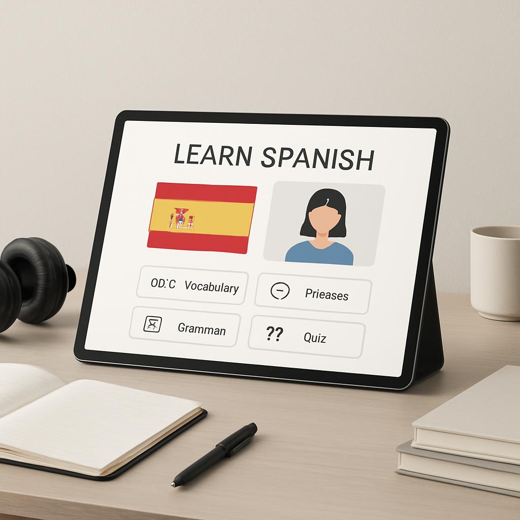 Image of an iPad displaying a "Learn Spanish" app.